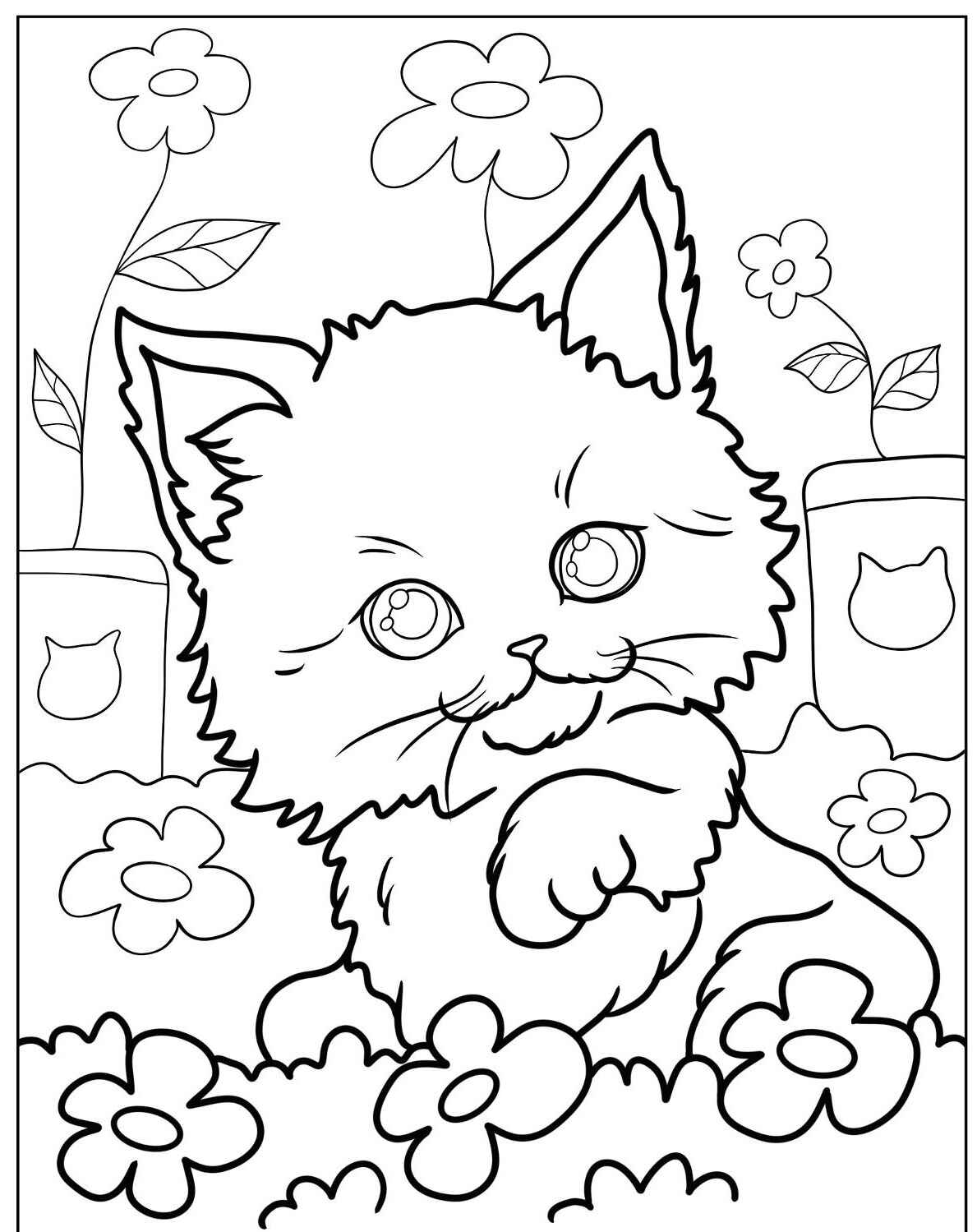 Desenho de Gato Fofo entre flores para imprimir e colorir