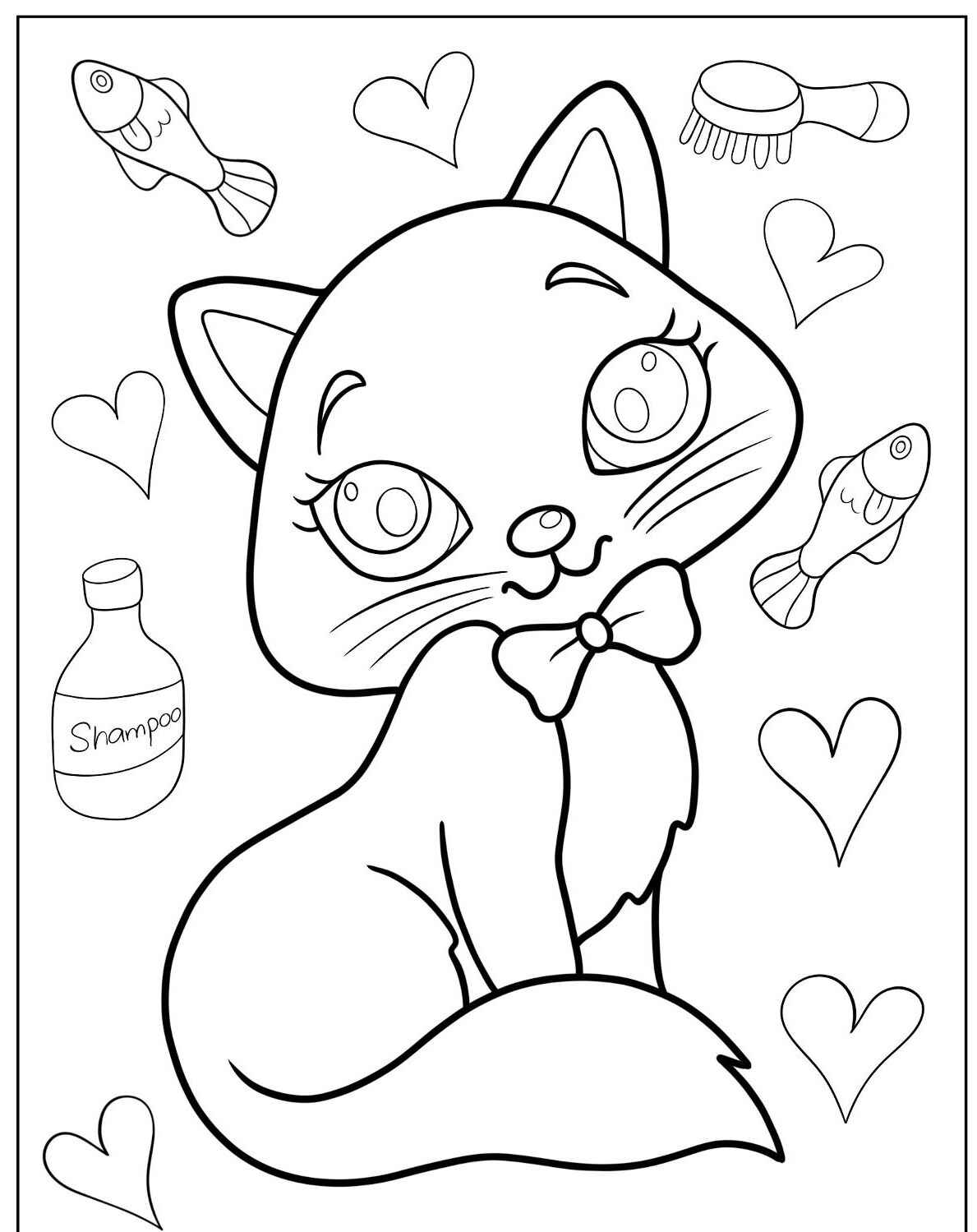Desenho de Gato bonito com laço e peixes para colorir
