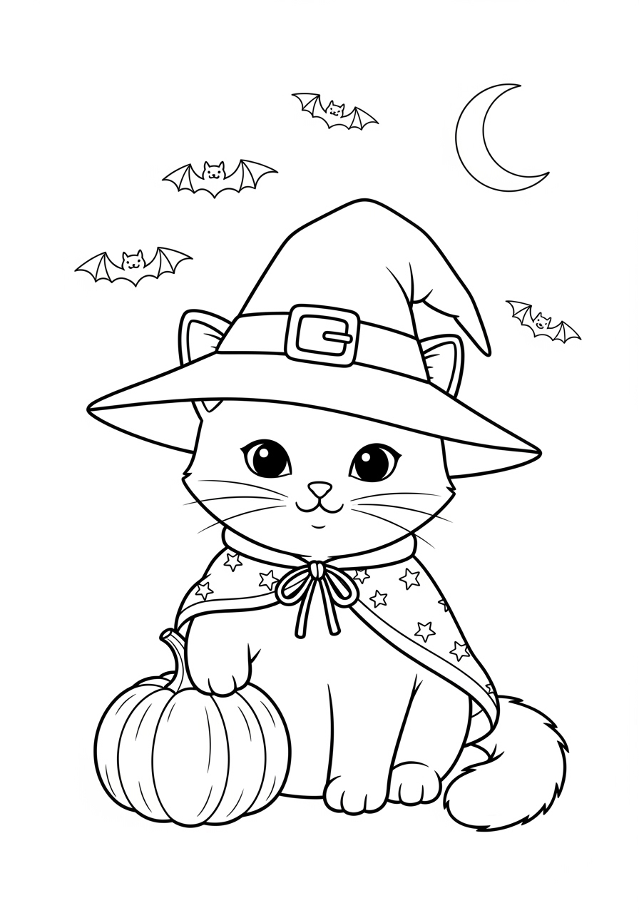 Desenho de Gato Mágico com abóbora e morcegos para colorir