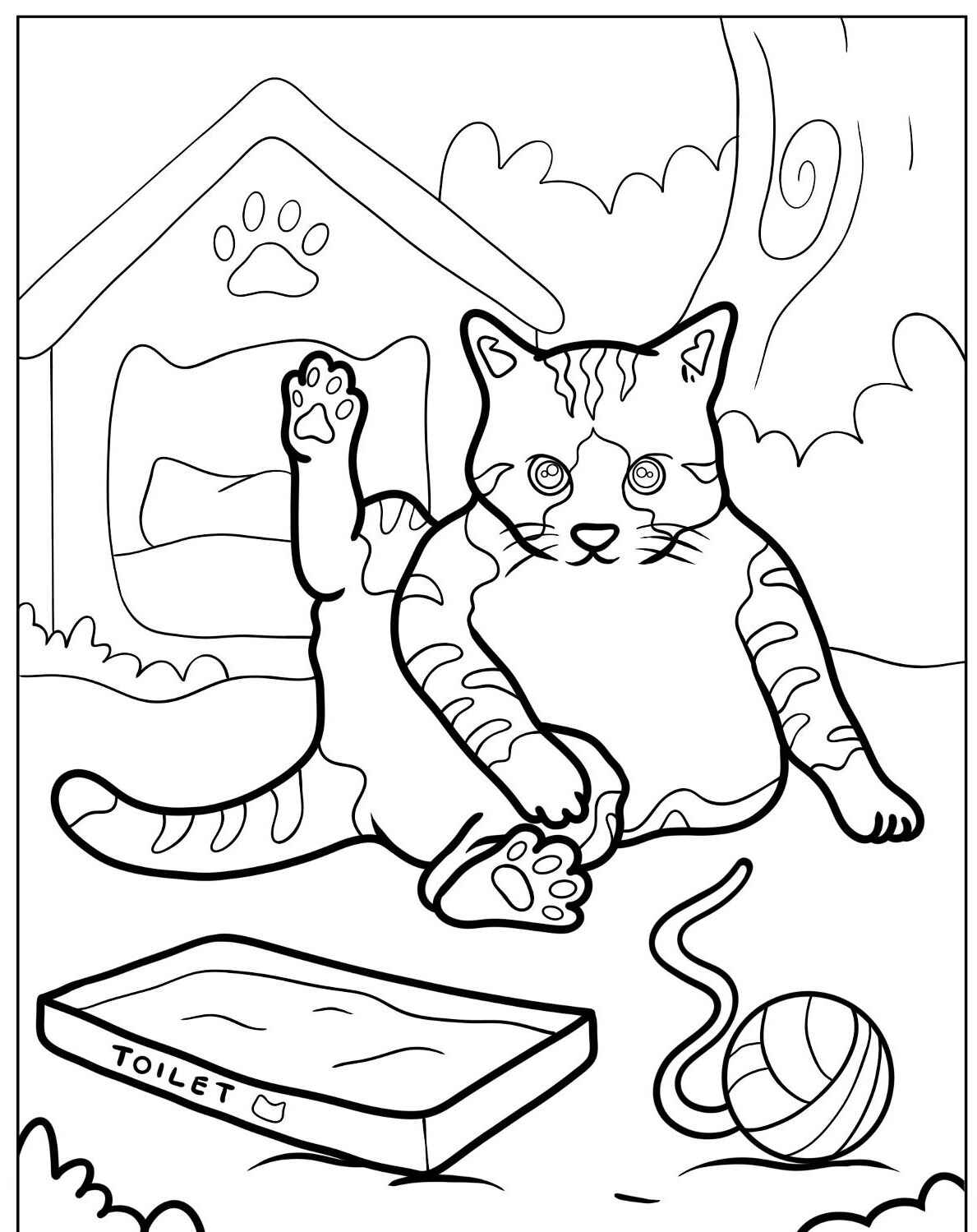 Desenho de Gato brincando com bola para imprimir e colorir