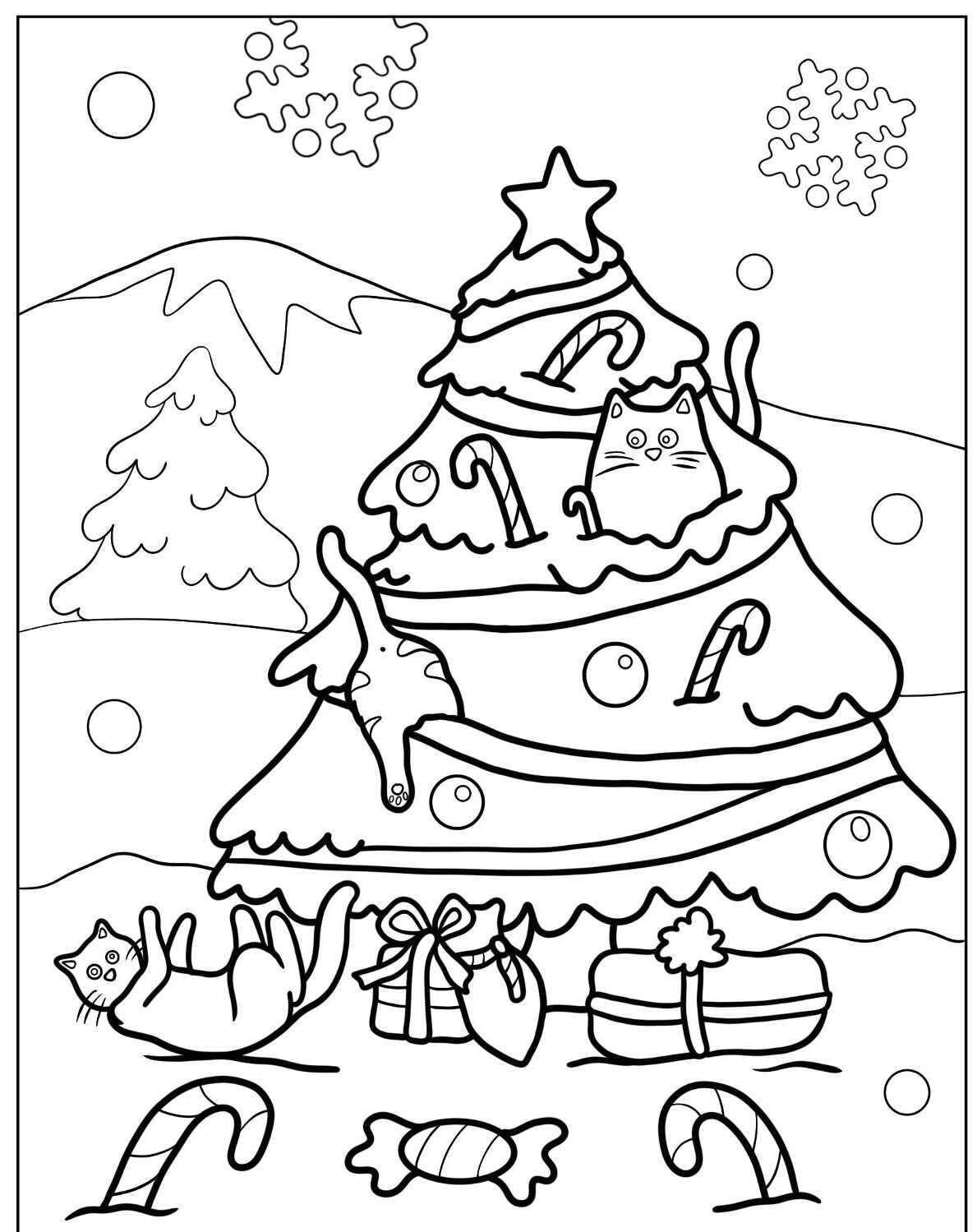 Desenho de Gato em árvore de Natal para imprimir e colorir