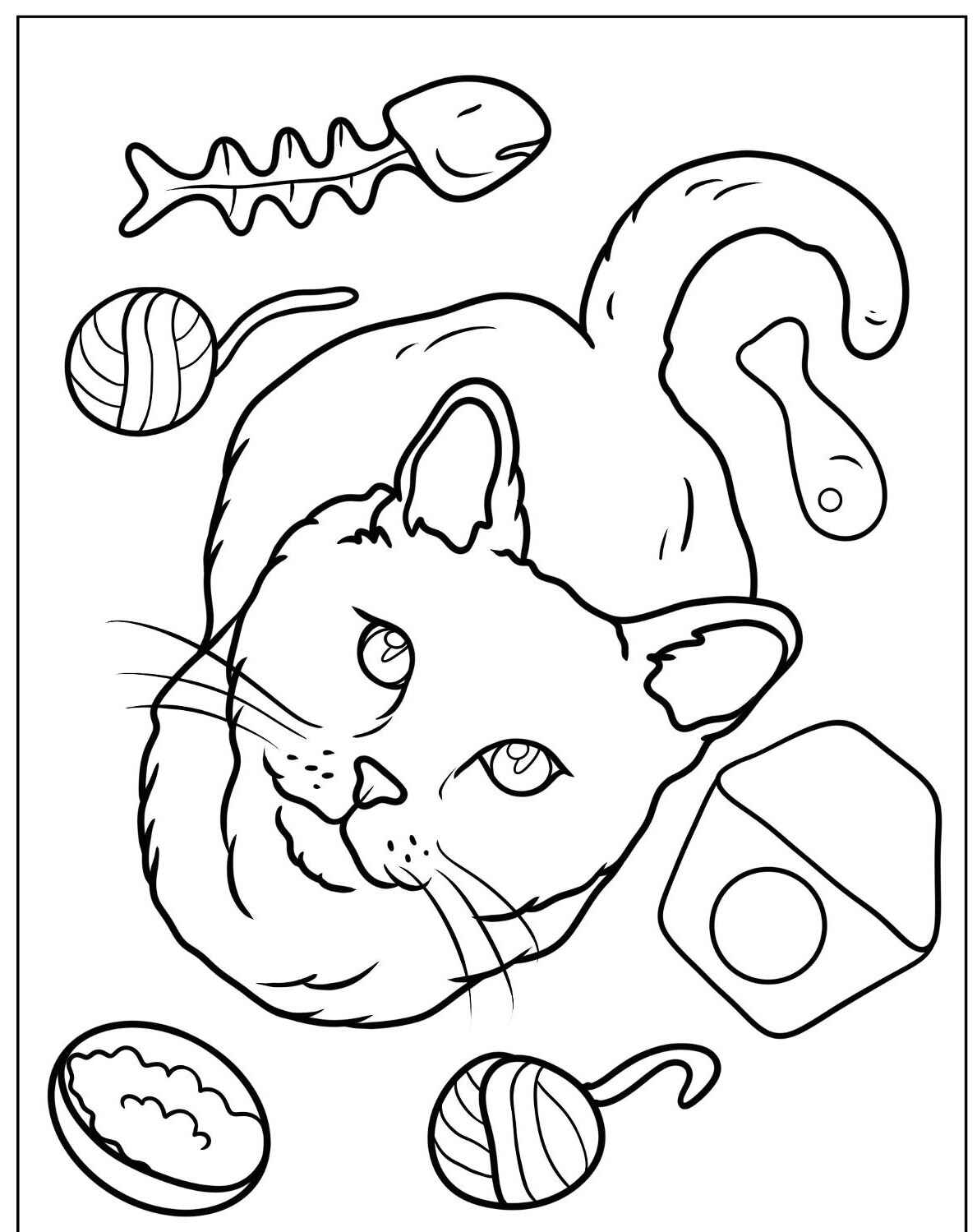 Desenho de Gato Fofo rodeado de brinquedos para colorir