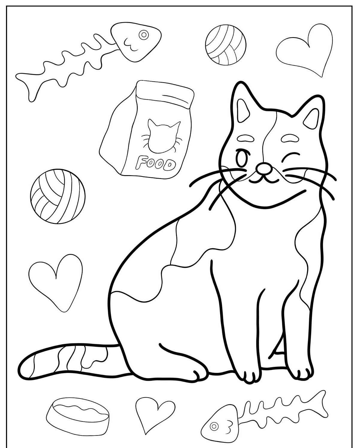Desenho de Gato com comida e brinquedos para imprimir e colorir