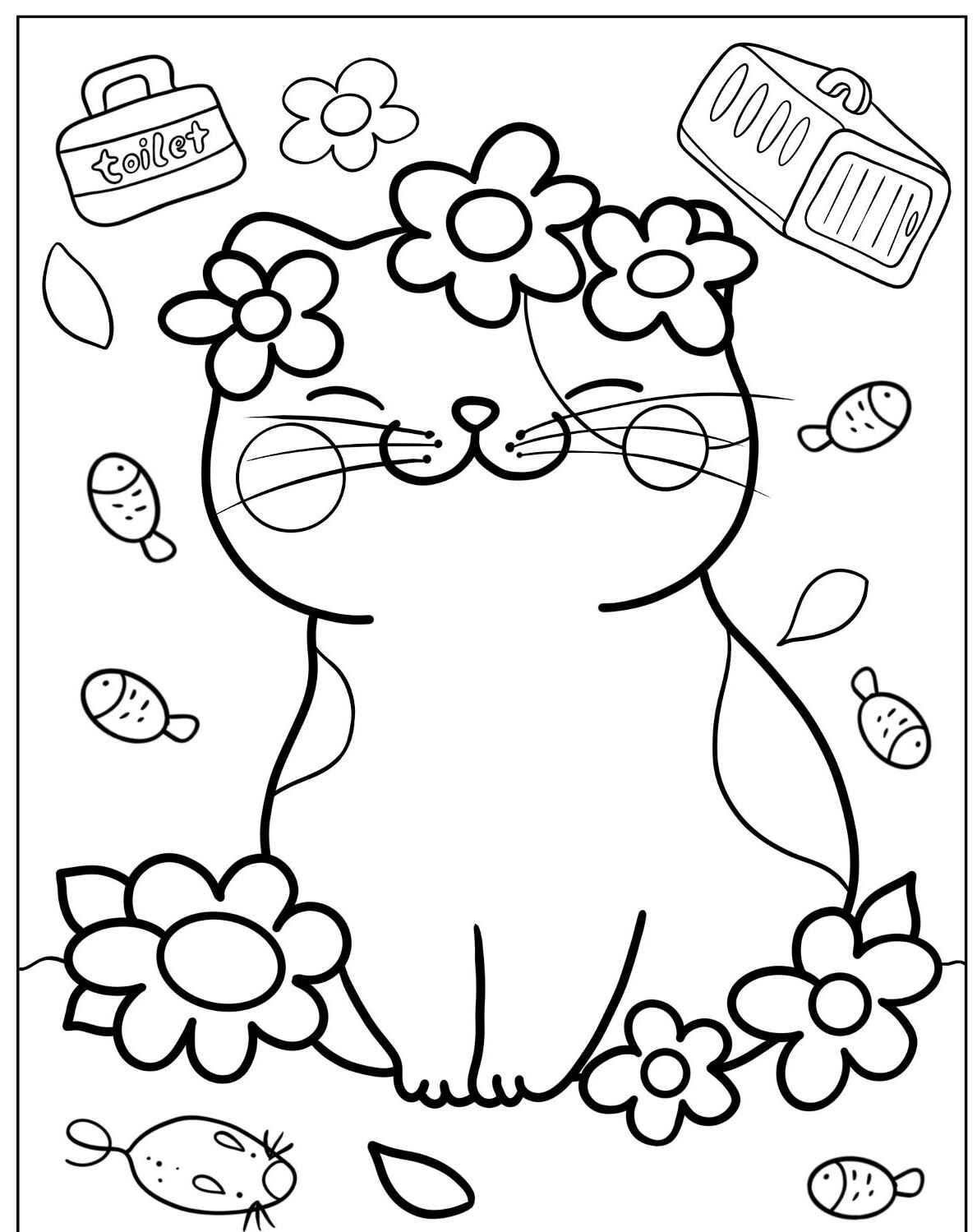 Desenho de Gato sorridente com flores para imprimir e colorir
