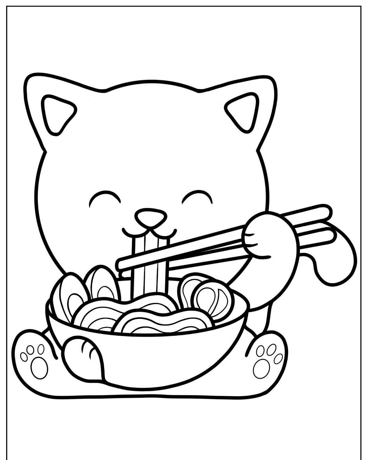 Desenho de Gato Feliz comendo macarrão para imprimir e colorir