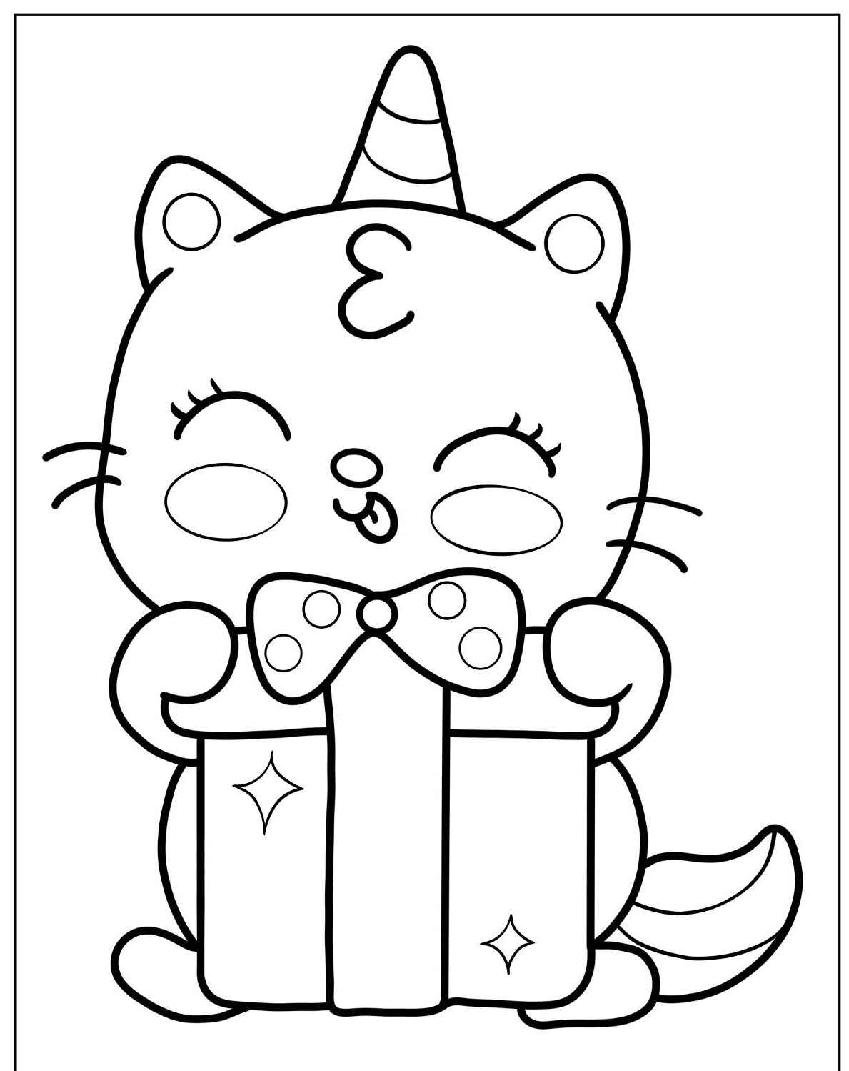 Desenho de Gato Feliz segurando presente para imprimir e colorir
