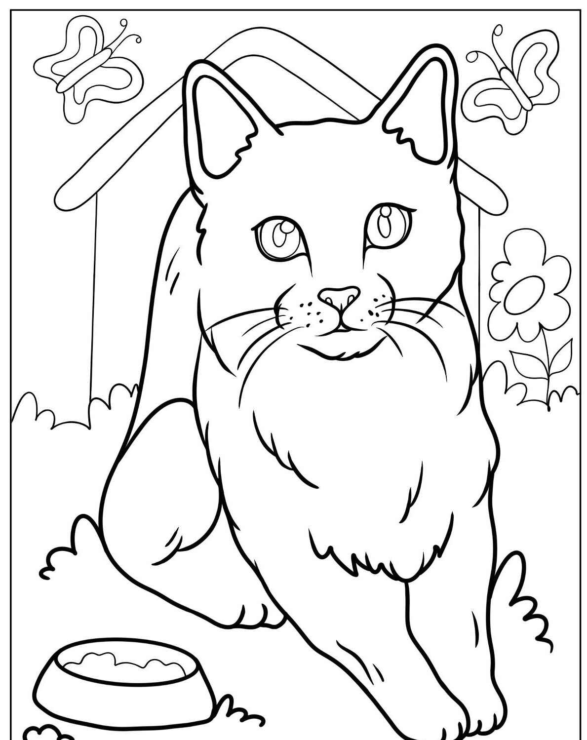 Desenho de Gato grande com borboletas para imprimir e colorir