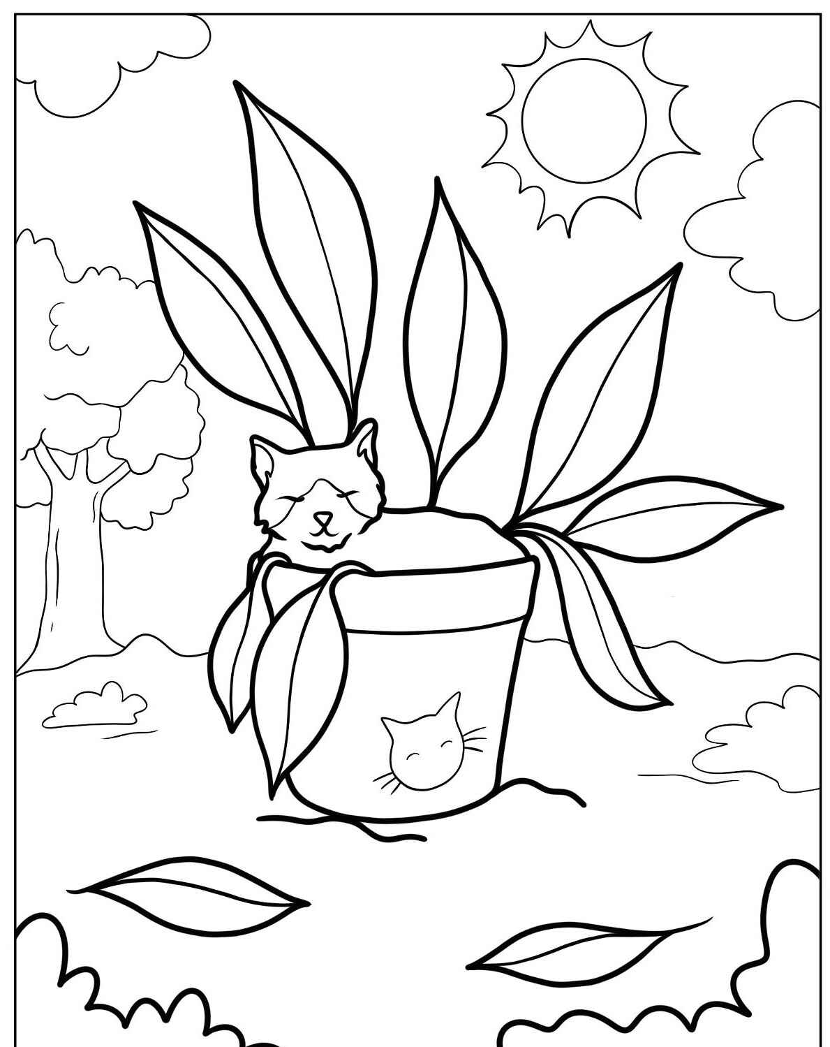 Desenho de Gato descansando em vaso para imprimir e colorir