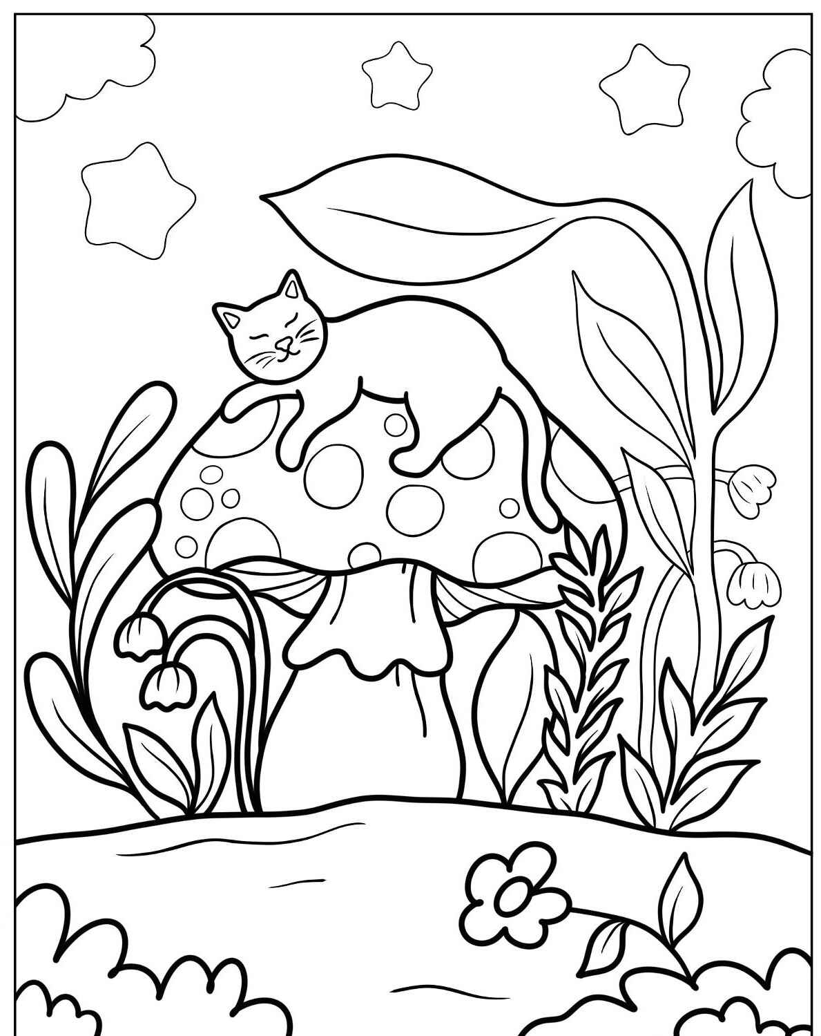 Desenho de Gato em cima de cogumelo para imprimir e colorir
