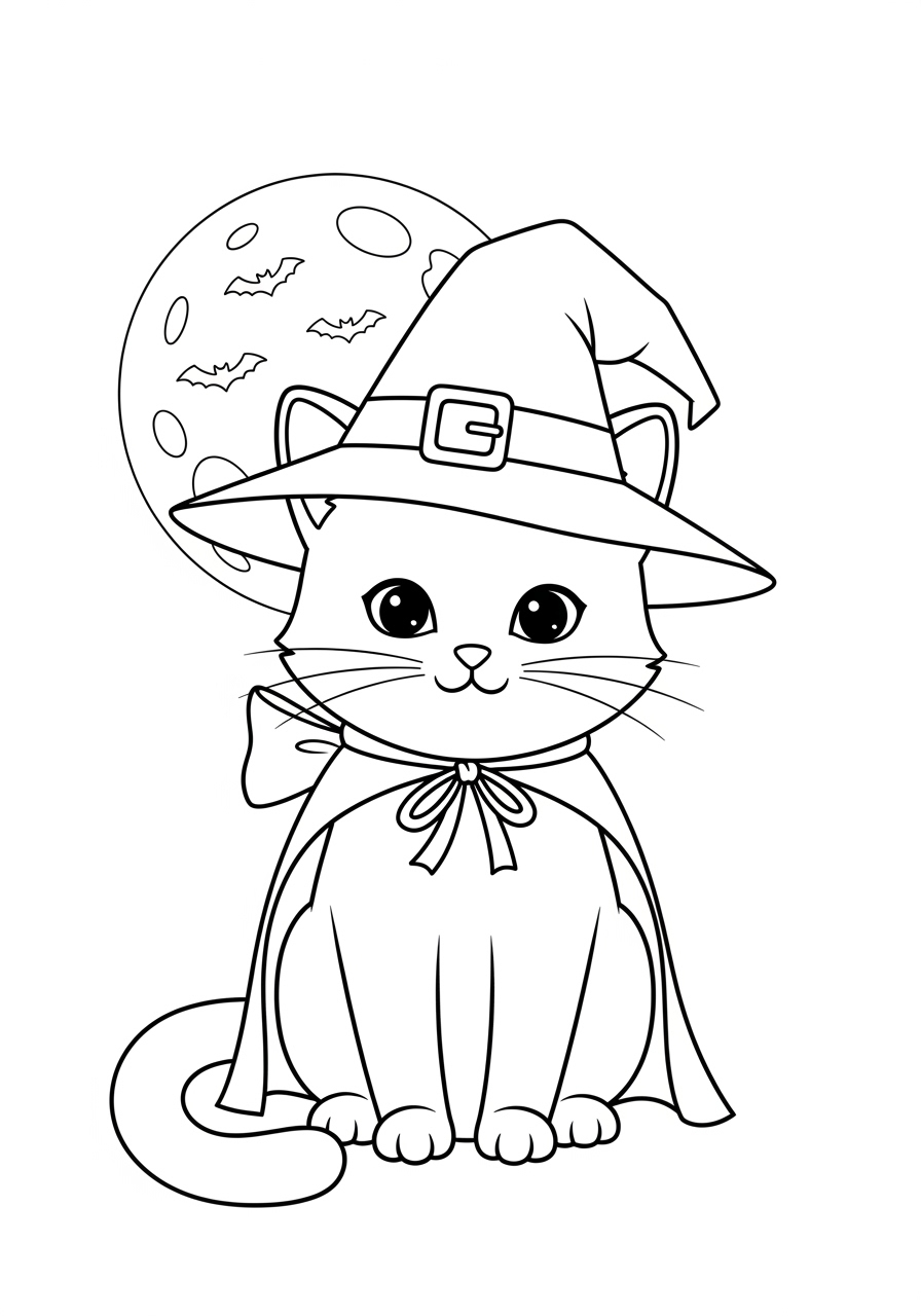 Desenho de Gato vestido de bruxo para imprimir e colorir