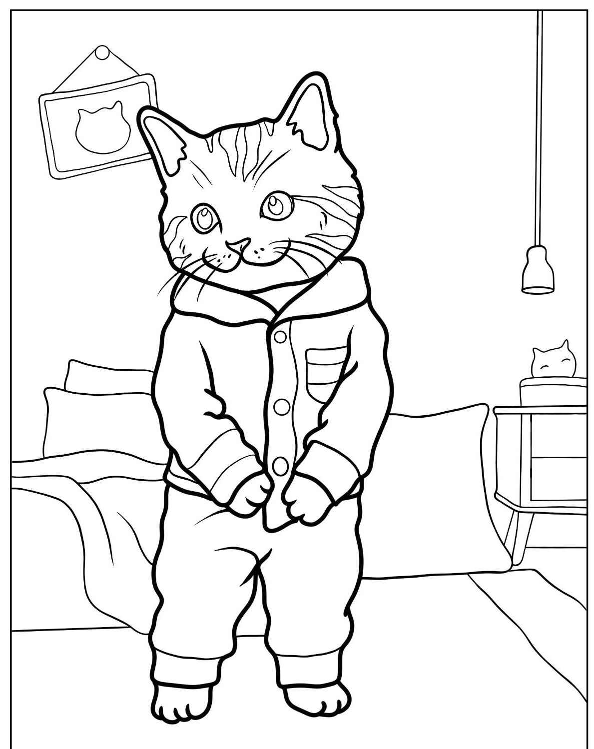 Desenho de Gato em pijama para imprimir e colorir