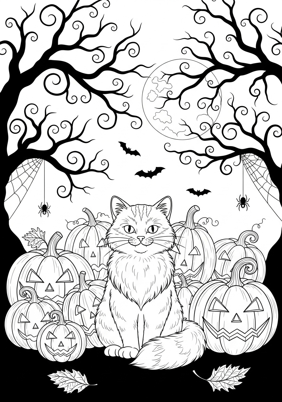 Desenho de Gato sobre abóboras para imprimir e colorir