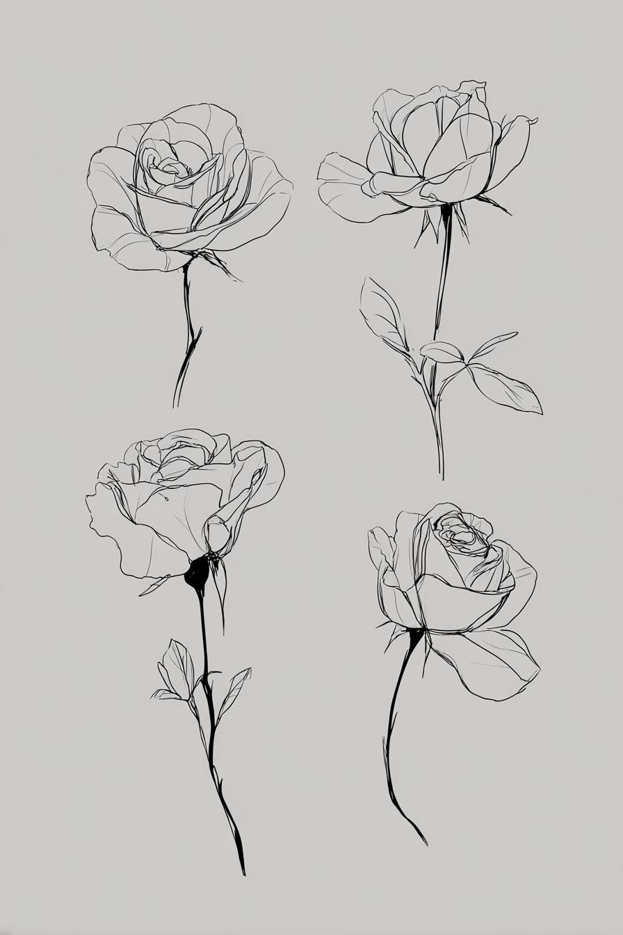 Desenho de Rosa: cinco rosas em estilo simples a lápis