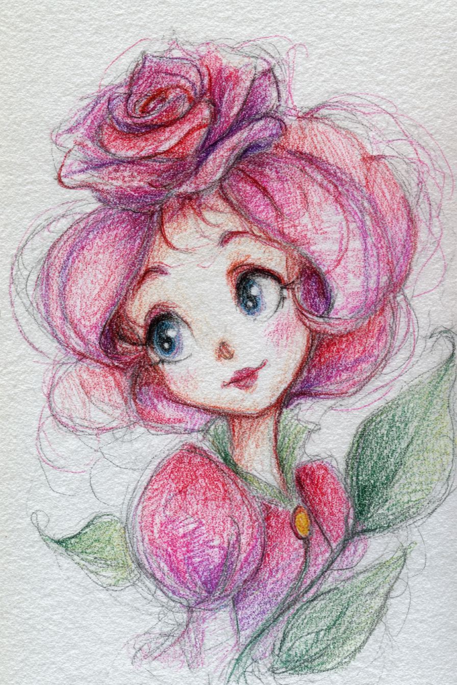 Desenho de Rosa: garota com cabelo rosa e rosa na cabeça
