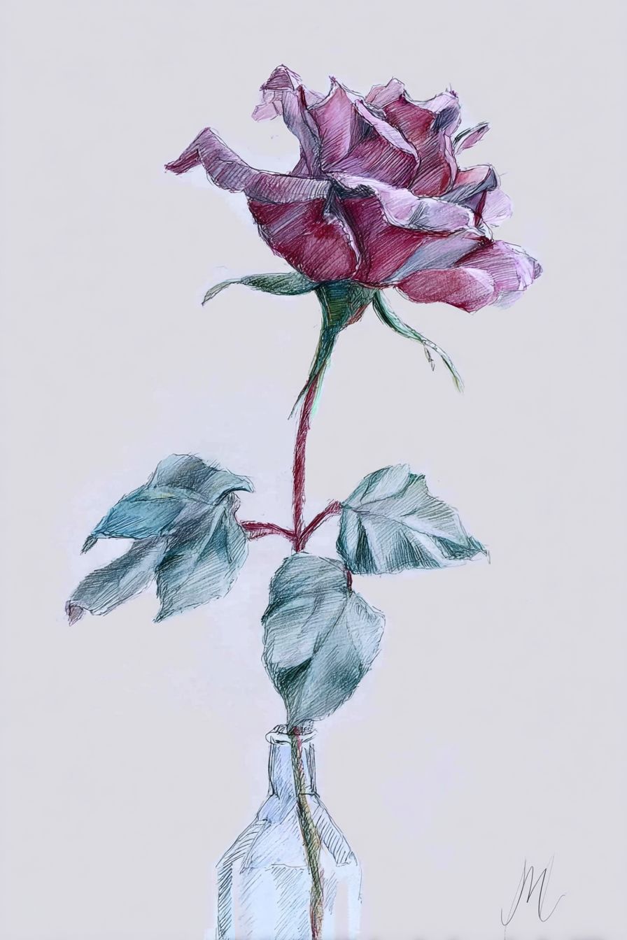 Desenho de Rosa: rosa colorida em vaso simples para desenhar