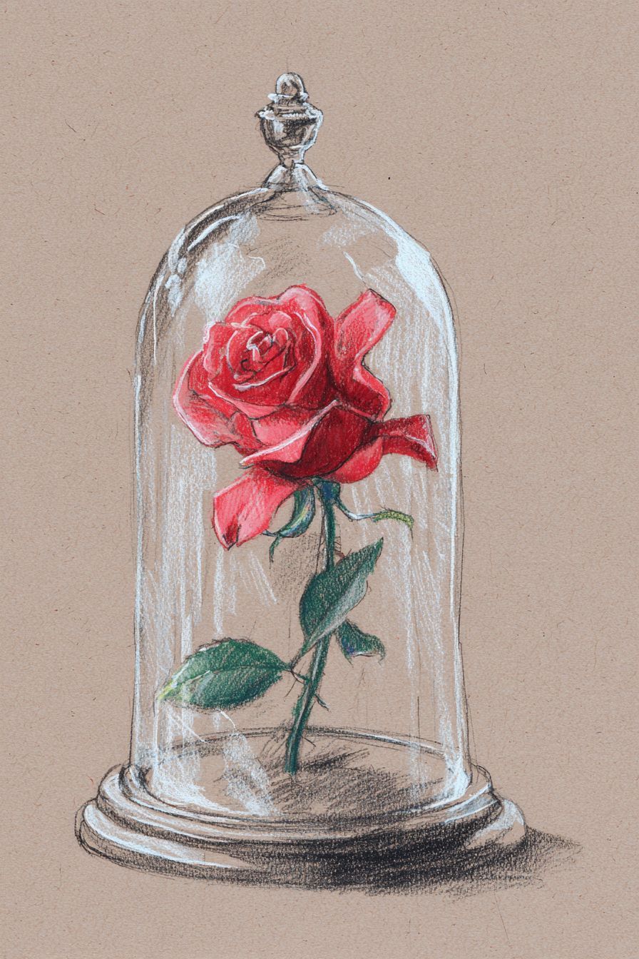 Desenho de Rosa: rosa vermelha sob uma cúpula de vidro