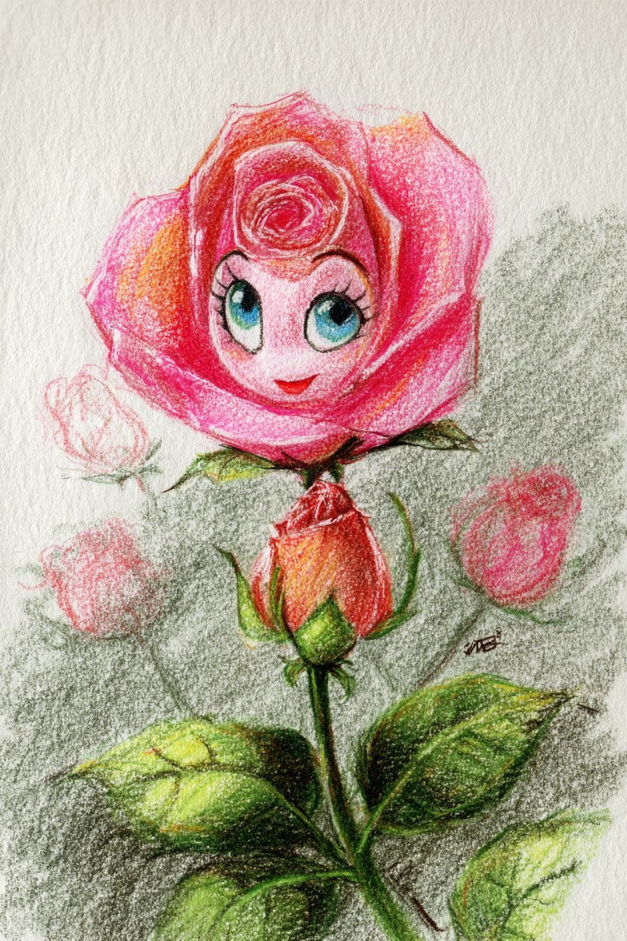 Desenho de Rosa: rosa fofa com rosto simpático a lápis
