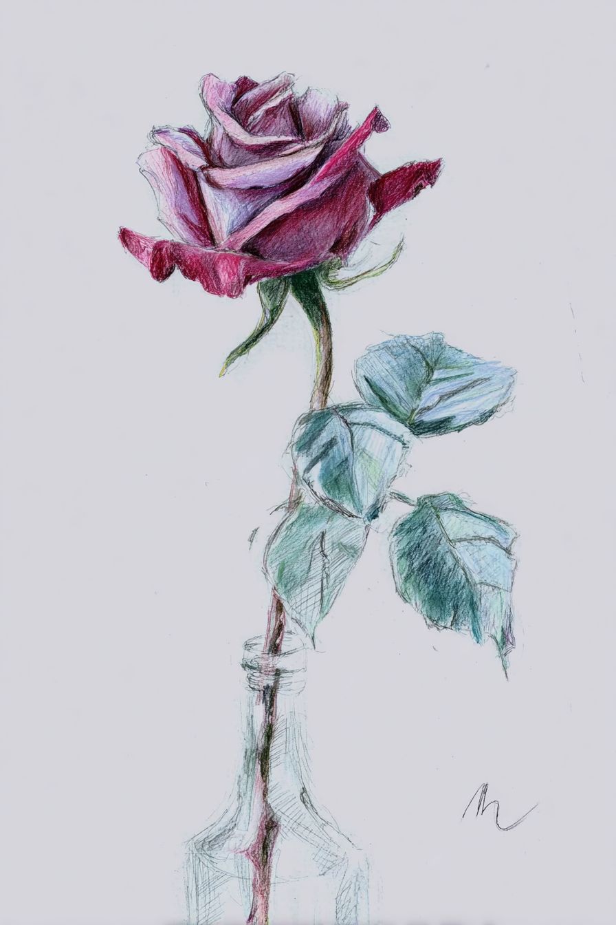 Desenho de Rosa: rosa realista com tons suaves e folhagem verde