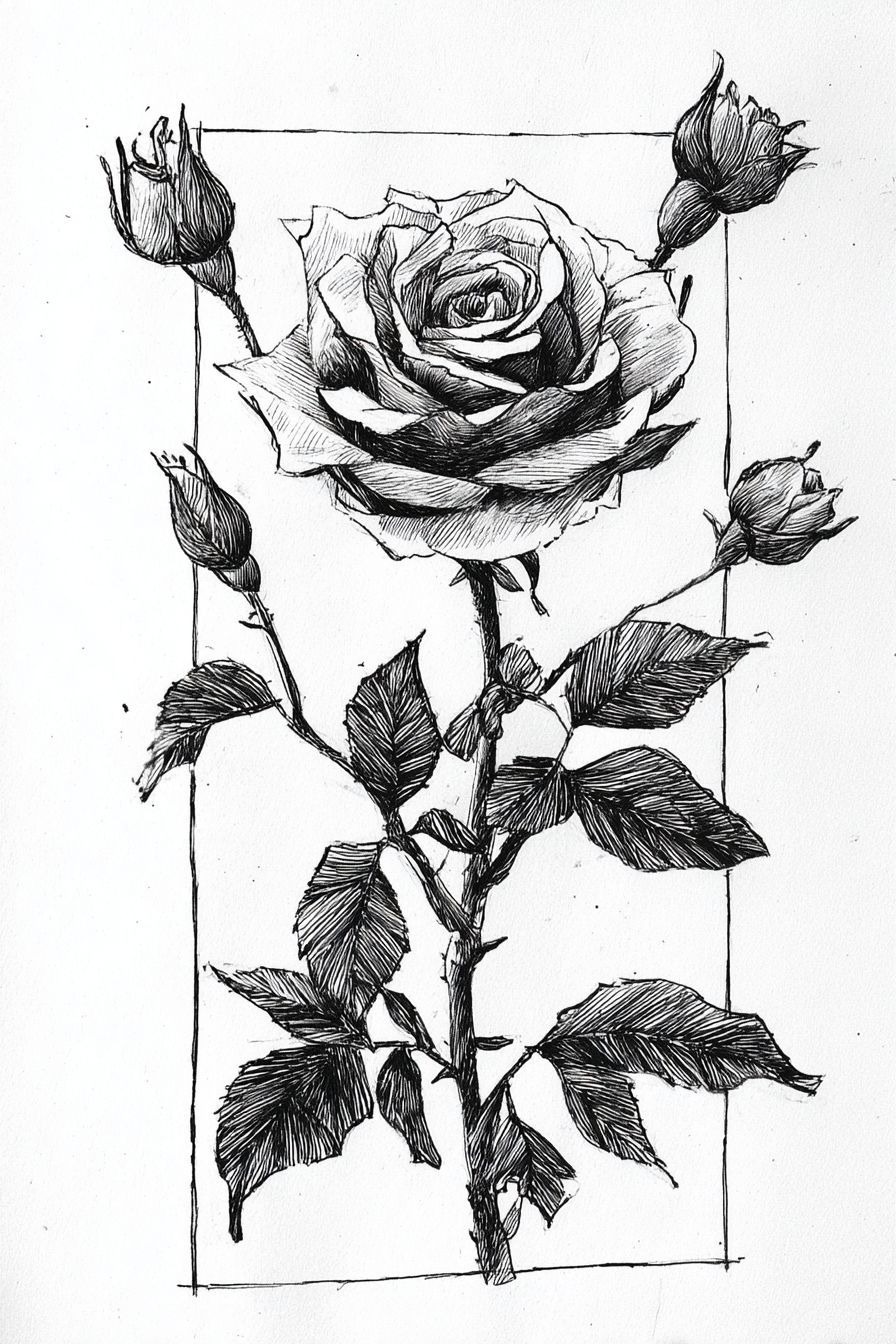 Desenho de Rosa: rosa realista com folhas e brotos a lápis