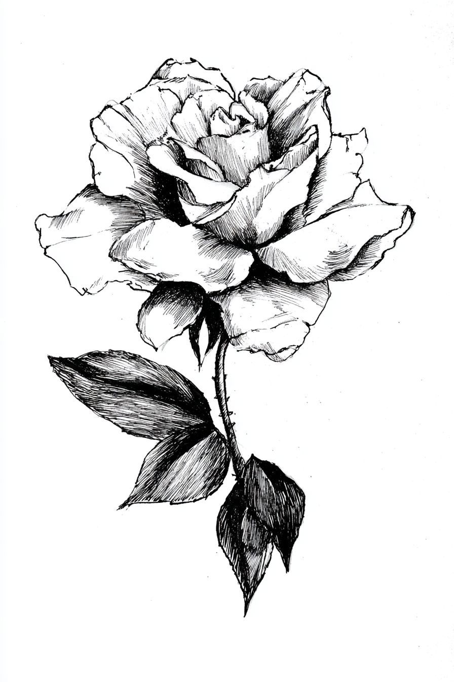 Desenho de Rosa: rosa realista com detalhes em lápis