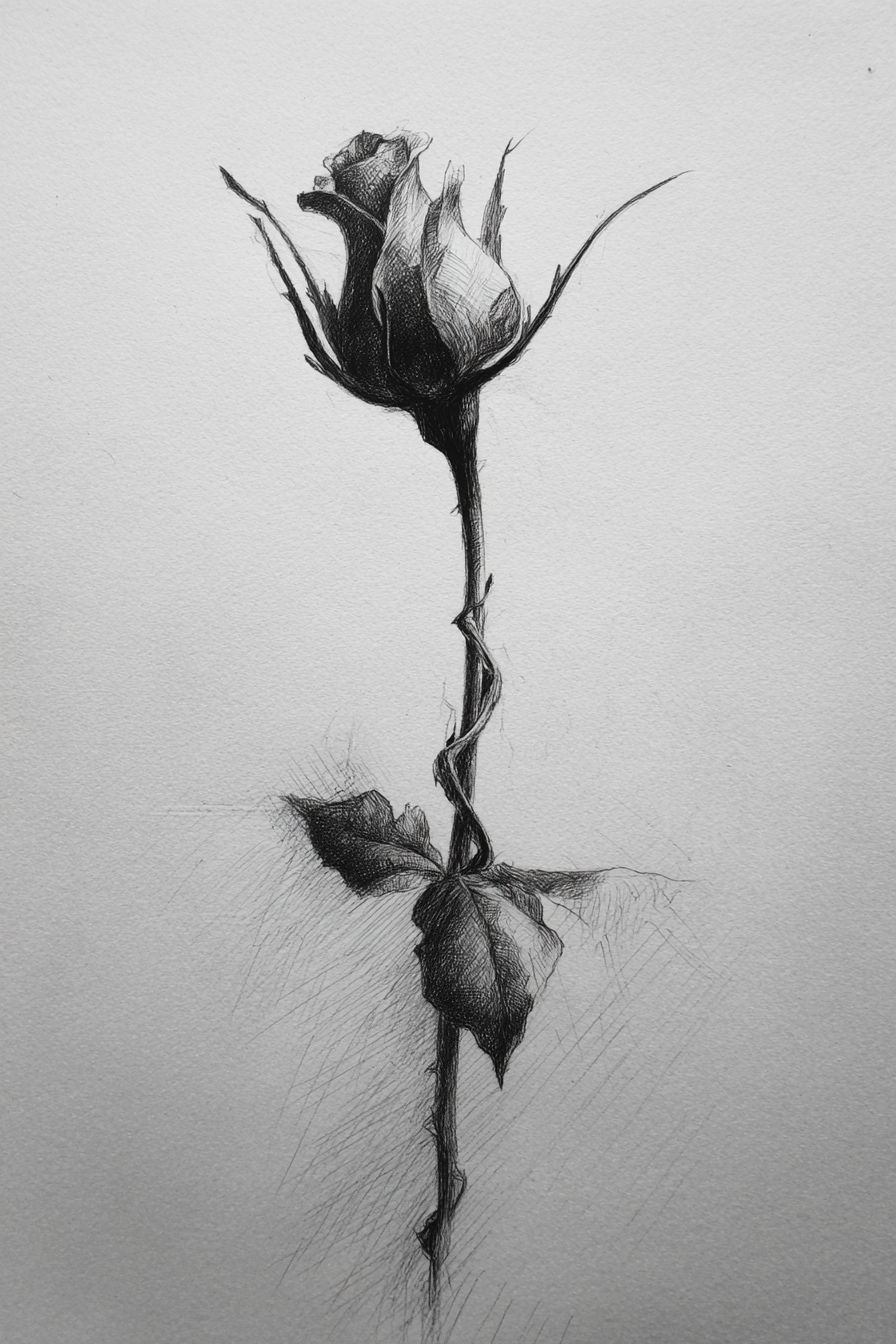 Desenho de Rosa: rosa detalhada com espinhos e folhas