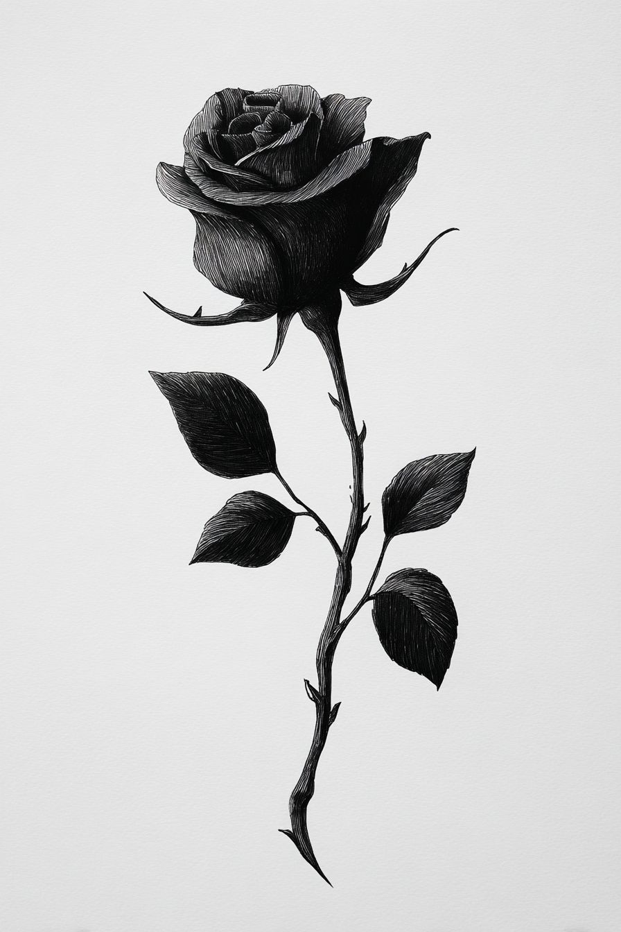 Desenho de Rosa: rosa preta com folhas verdes para desenhar