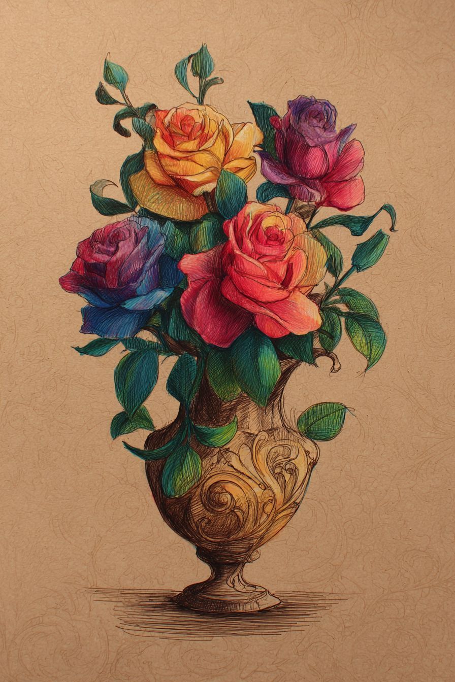 Desenho de Rosa: lindo buquê de rosas coloridas em um vaso