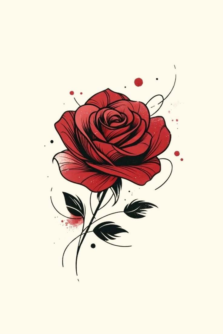 Desenho de Rosa: rosa vermelha detalhada com folhas verdes