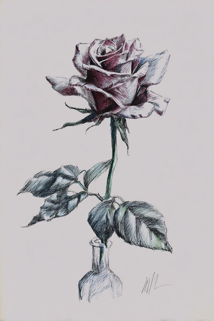 Desenho de Rosa: rosa detalhada em vaso para desenhar