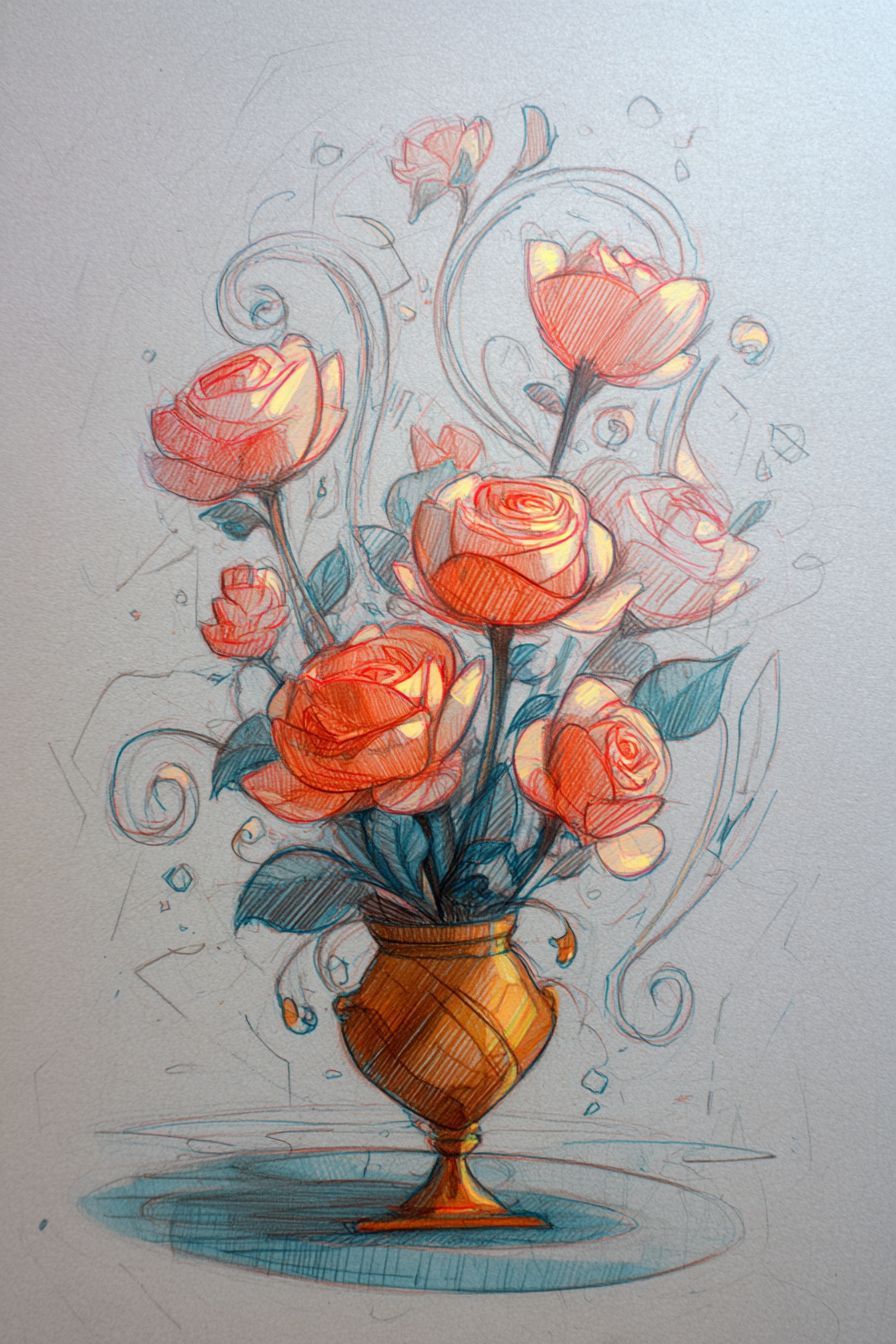 Desenho de Rosa: vaso de rosas alaranjadas delicadas