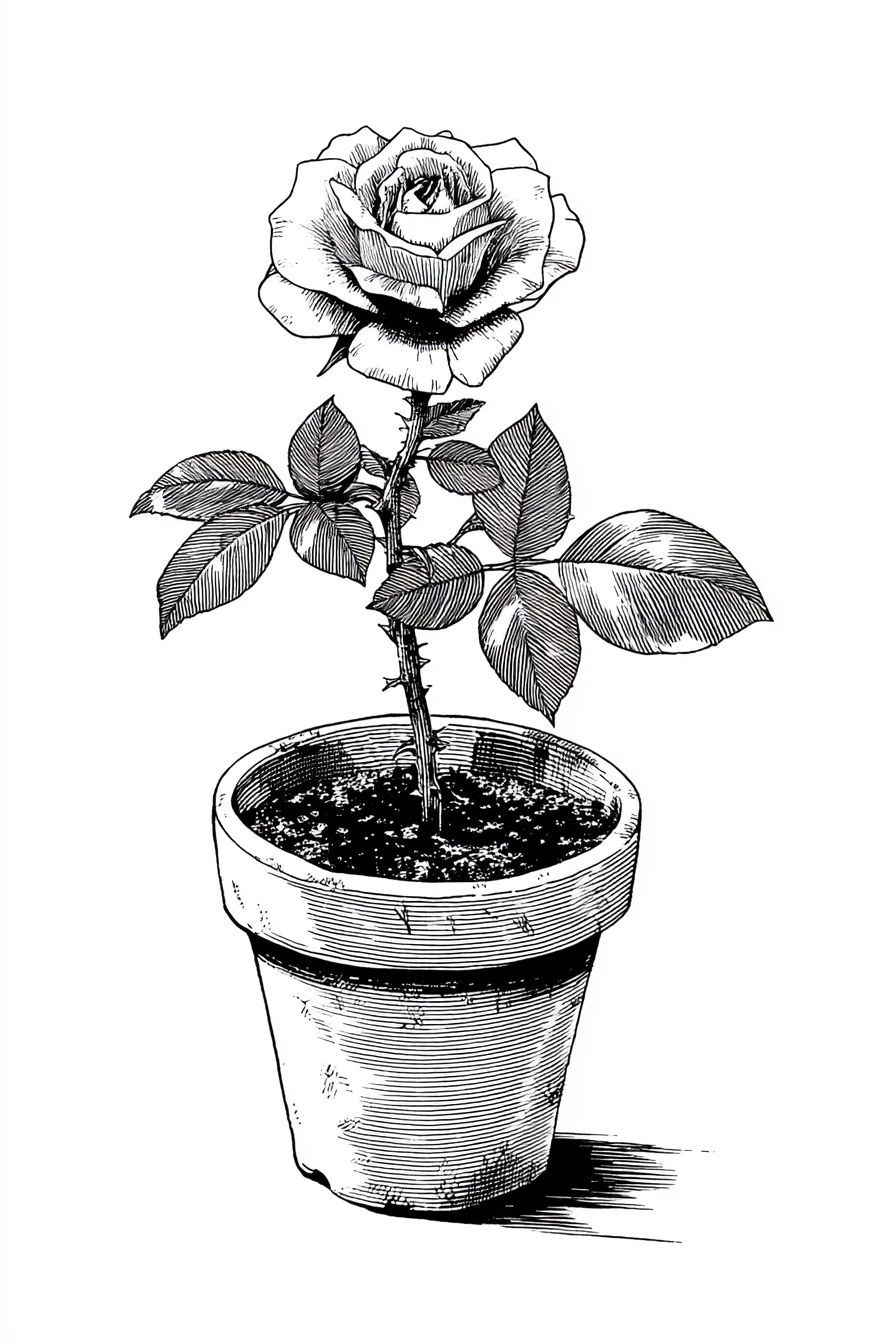 Desenho de Rosa: rosa detalhada em vaso de cerâmica