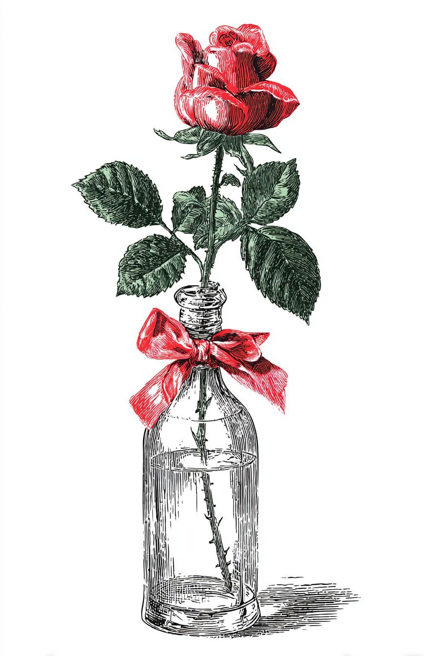 Desenho de Rosa: rosa em garrafa com laço vermelho