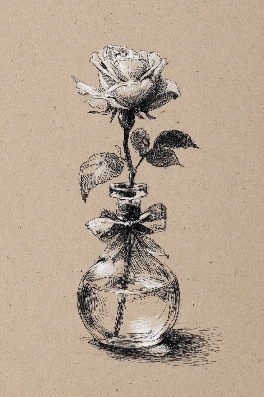 Desenho de Rosa: rosa em garrafa com laço para desenhar