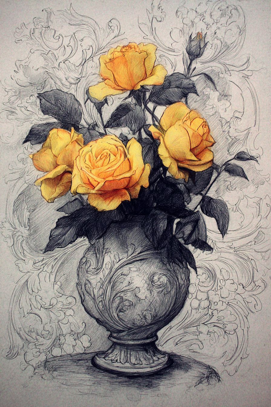 Desenho de Rosa: vaso com rosas amarelas detalhadas para desenhar