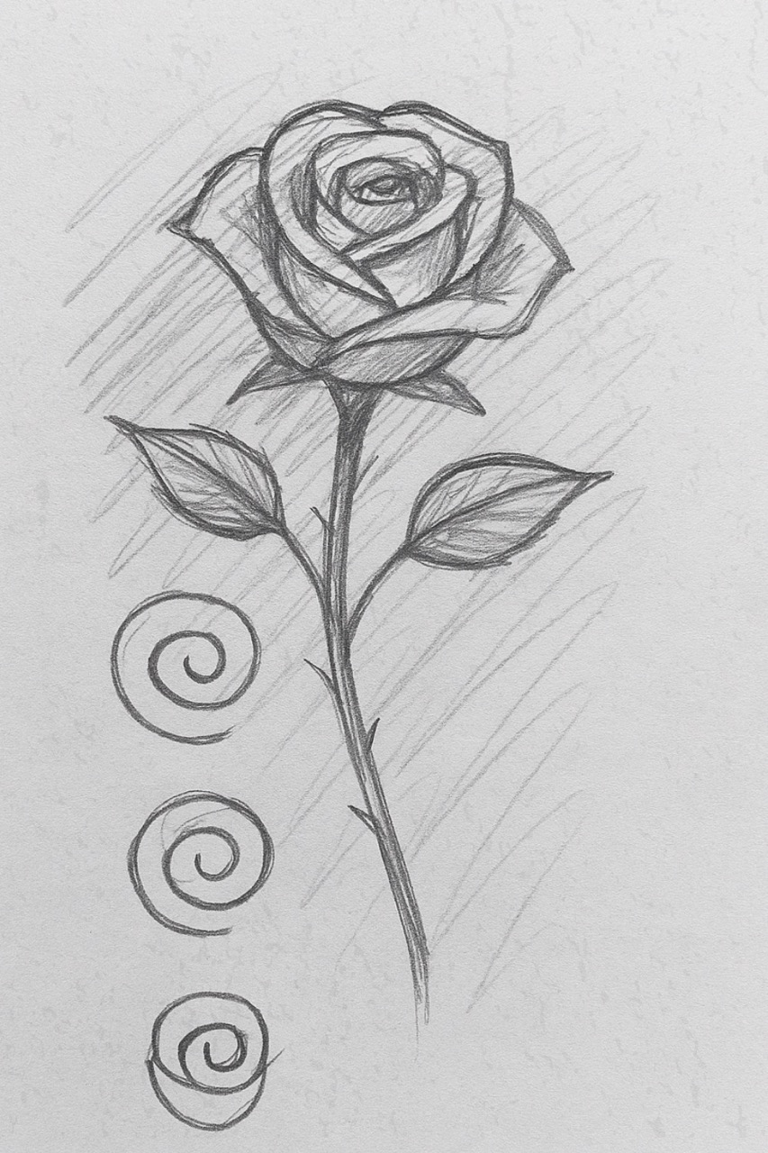 Desenho de Rosa: esboço de rosa com detalhes em espiral