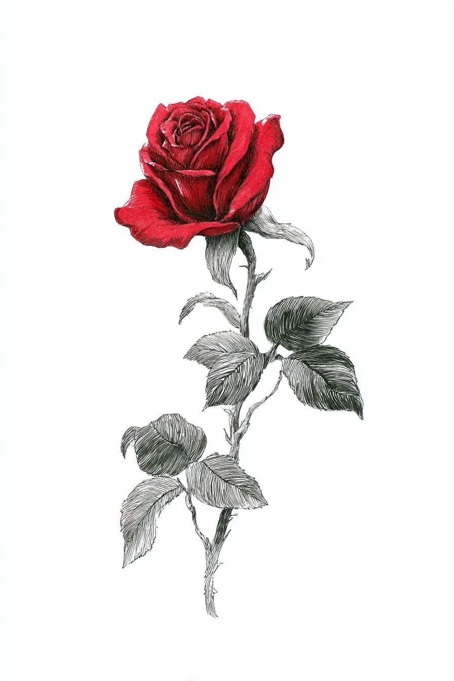 Desenho de Rosa: rosa vermelha com folhas verdes detalhadas
