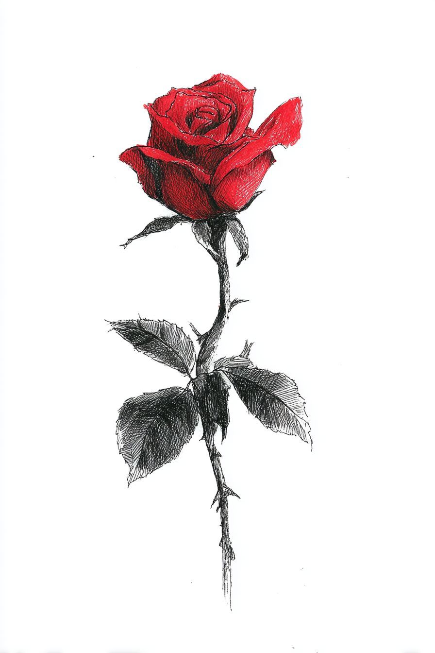 Desenho de Rosa: rosa vermelha com detalhes em preto e branco