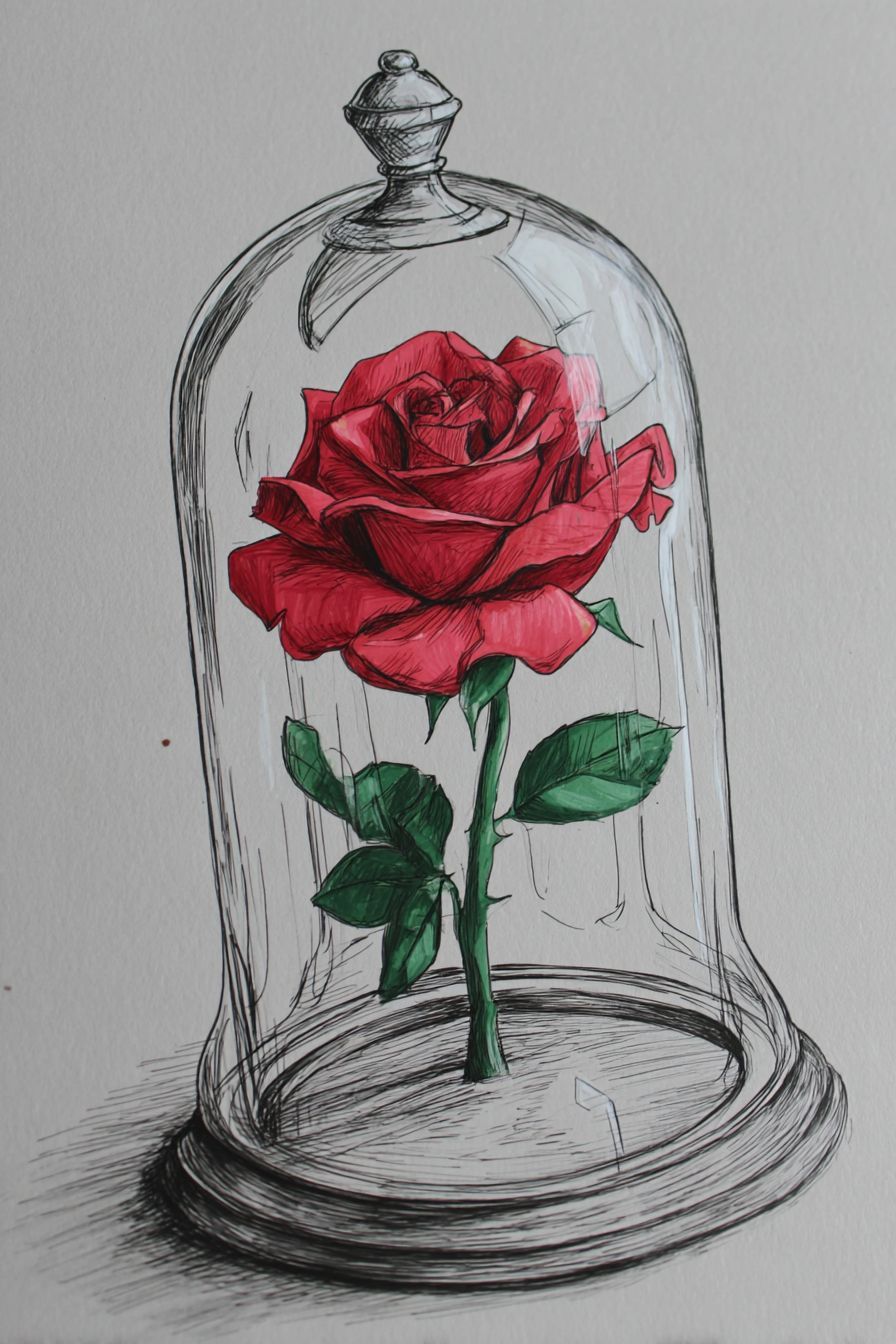 Desenho de Rosa: rosa vermelha sob uma cúpula de vidro