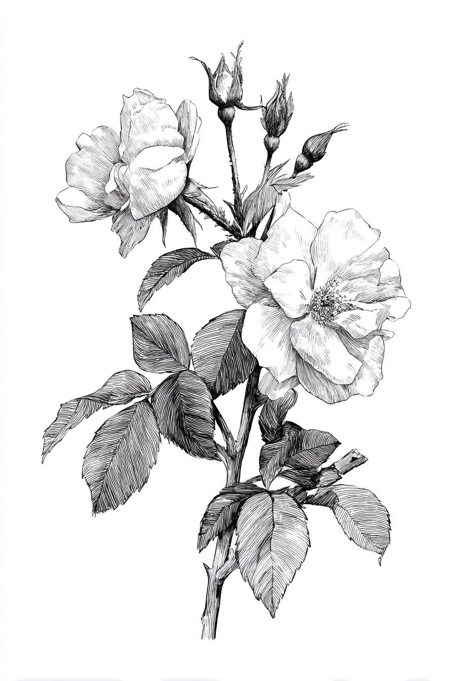 Desenho de Rosa: flor com detalhes em preto e branco