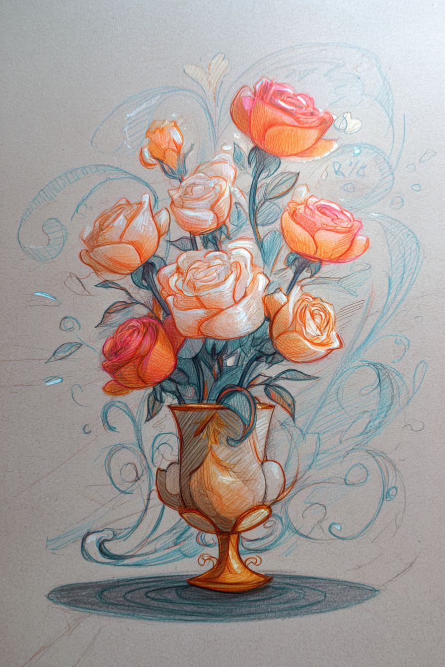 Desenho de Rosa: lindo arranjo de rosas coloridas a lápis