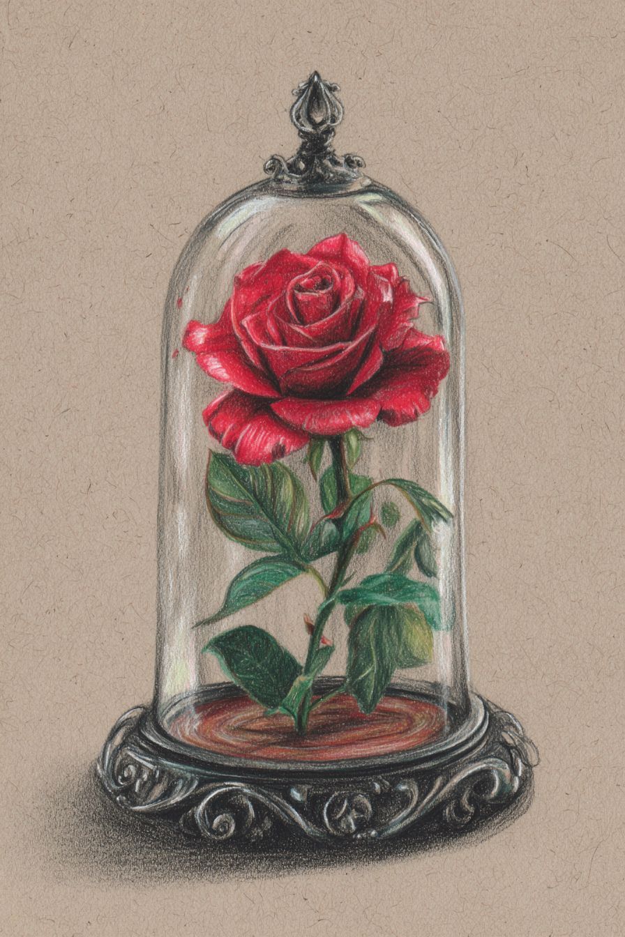 Desenho de Rosa: rosa vermelha em campânula de vidro