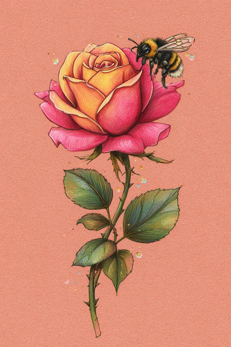 Desenho de Rosa: rosa com abelha em detalhes realistas
