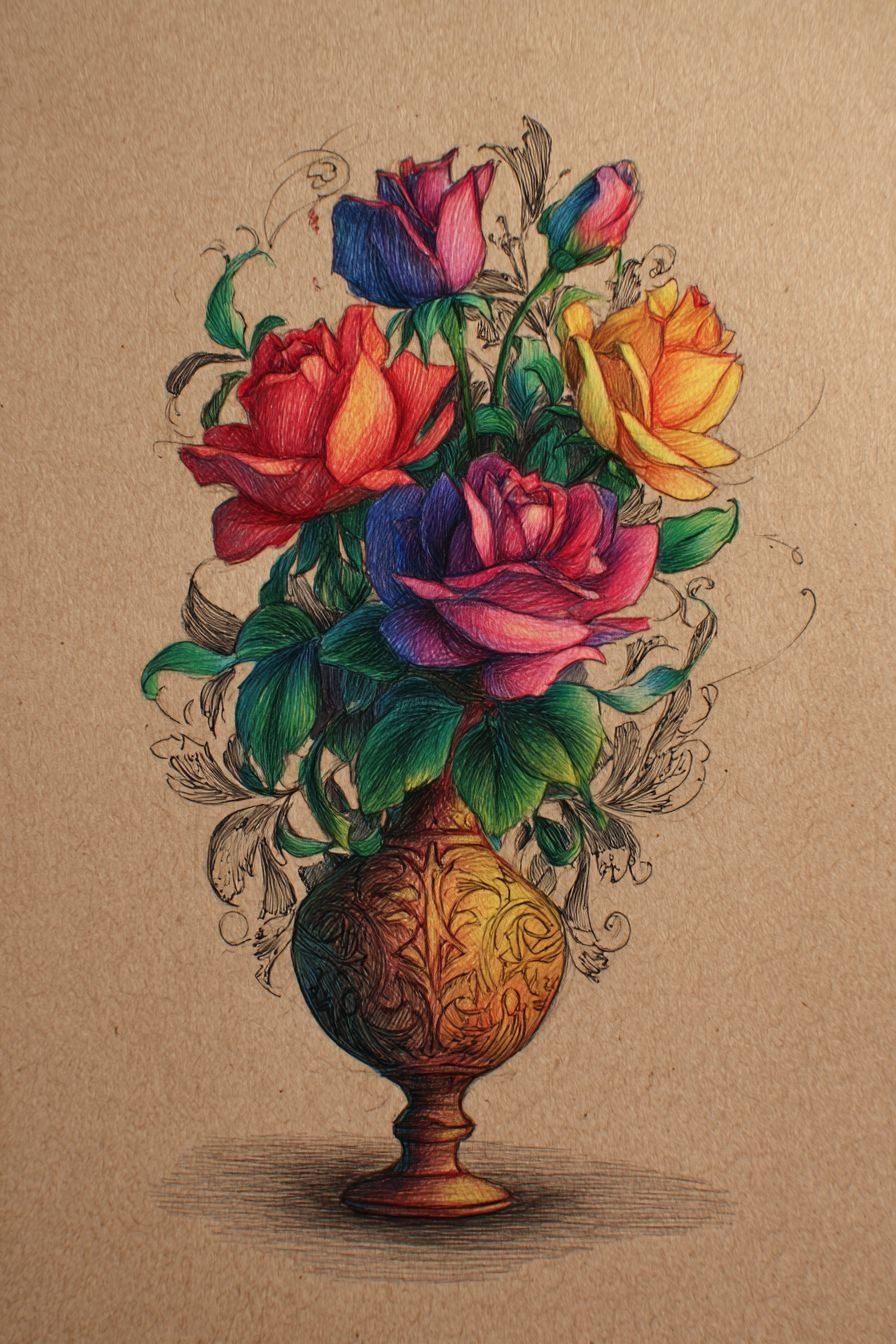 Desenho de Rosa: lindo buquê de rosas coloridas em vaso