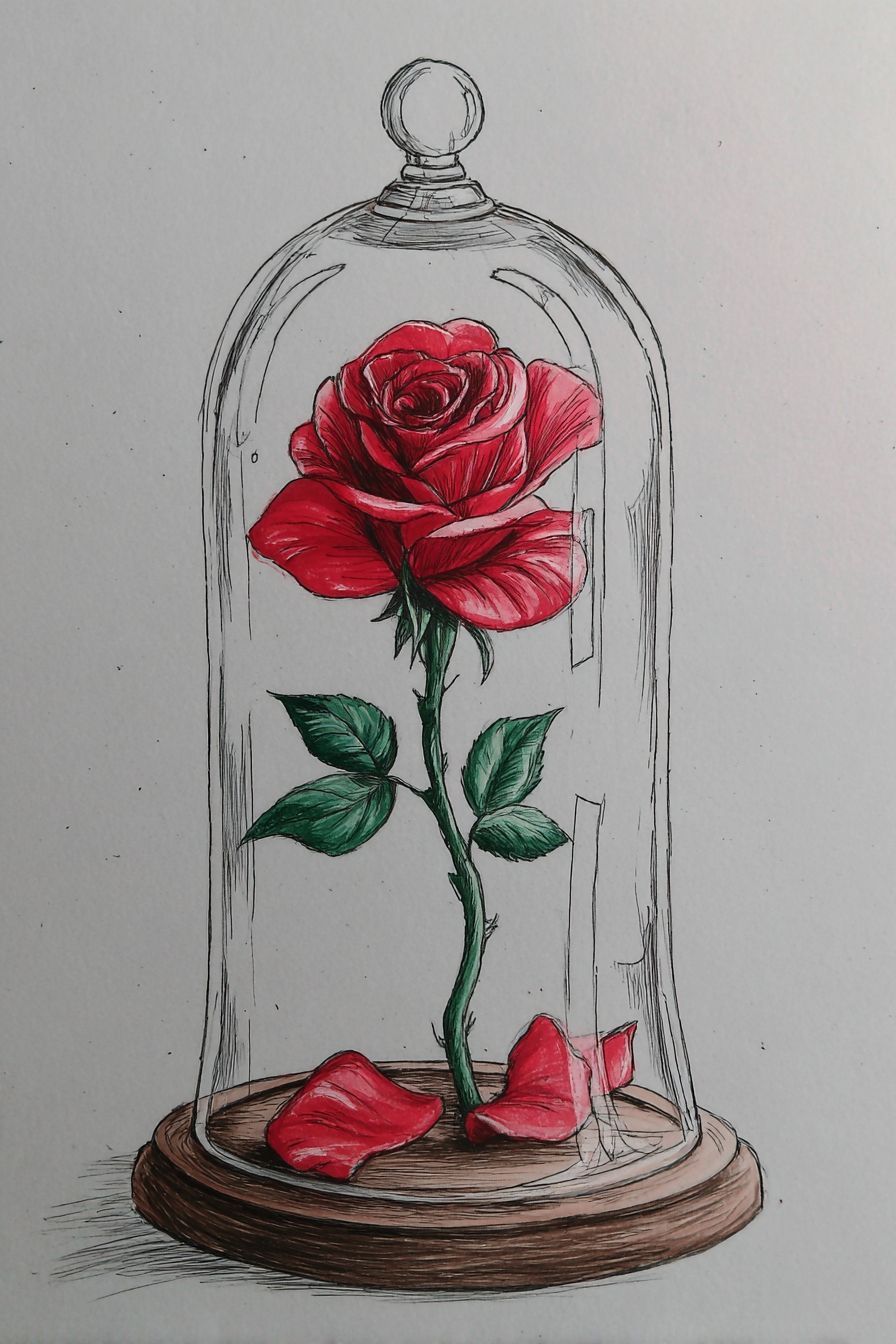 Desenho de Rosa: rosa vermelha em um domo de vidro