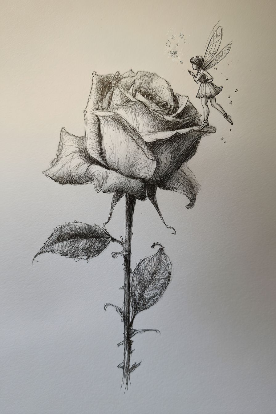 Desenho de Rosa: rosa com fada encantada para desenhar