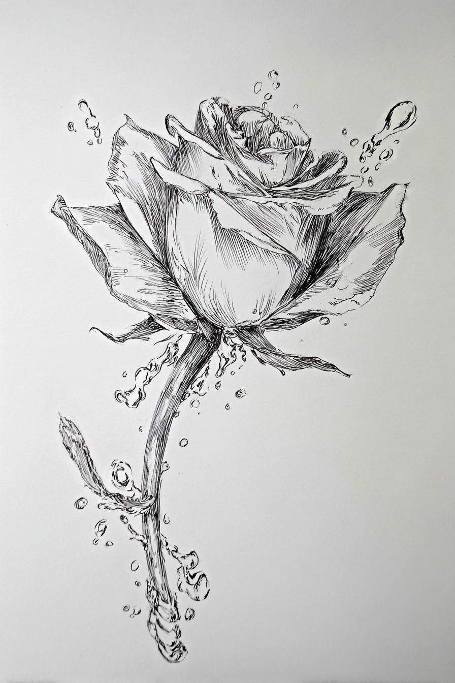 Desenho de Rosa: linda rosa realista com detalhes de água