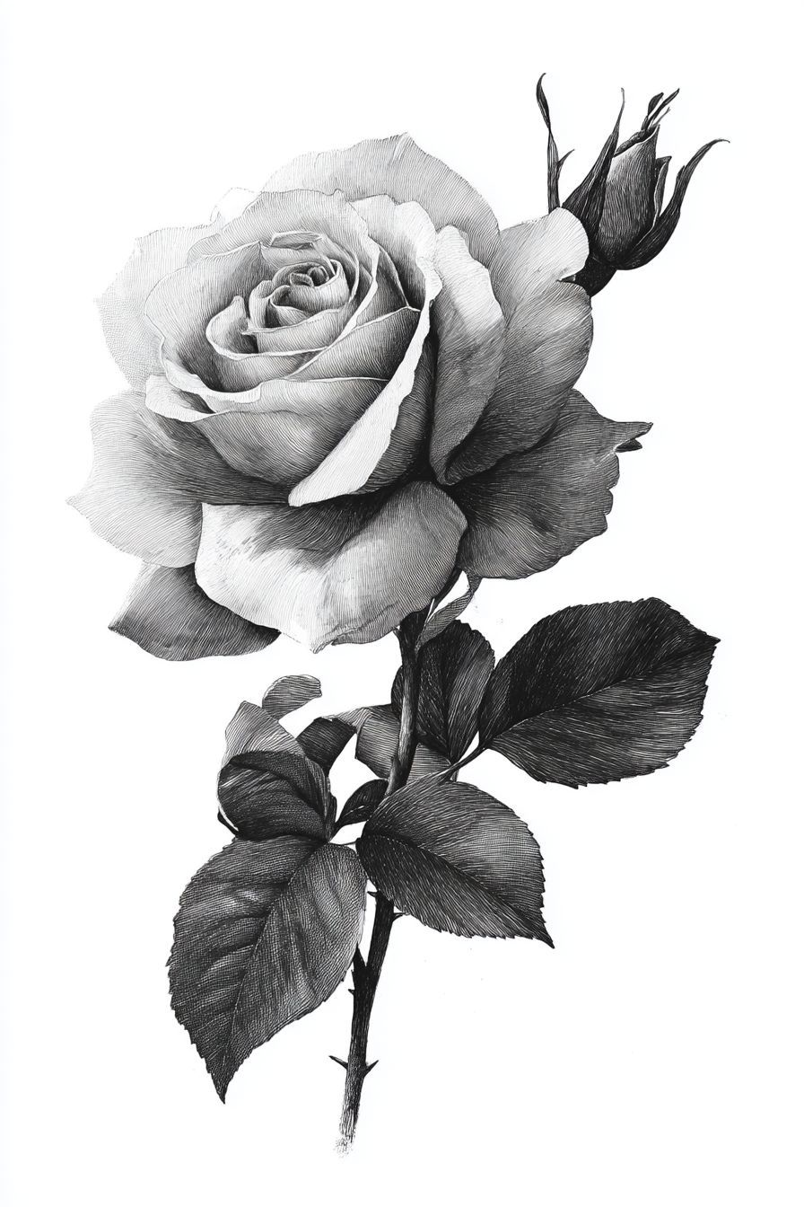 Desenho de Rosa: rosa realista em preto e branco para desenhar