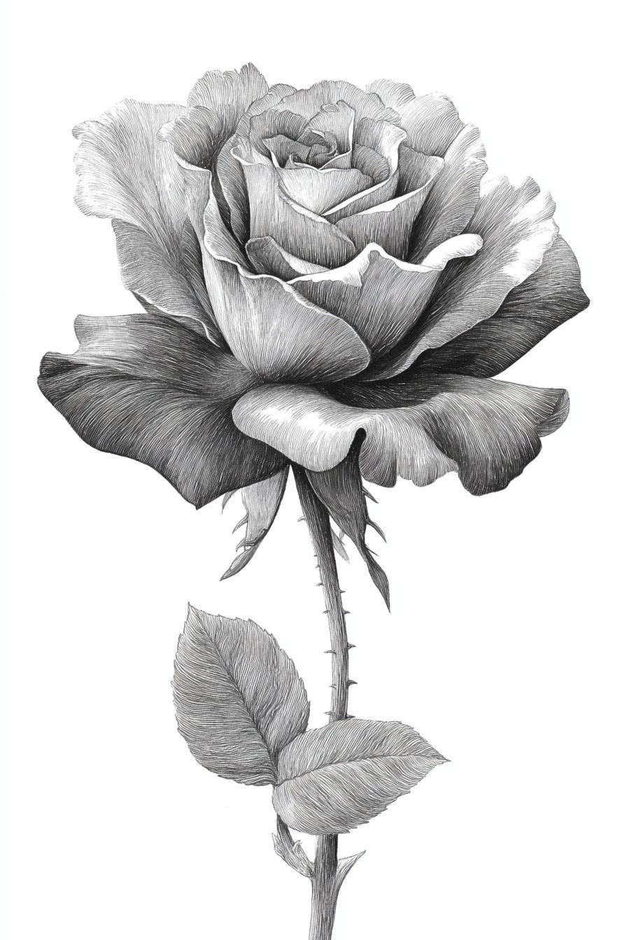 Desenho de Rosa: rosa detalhada a lápis para desenhar