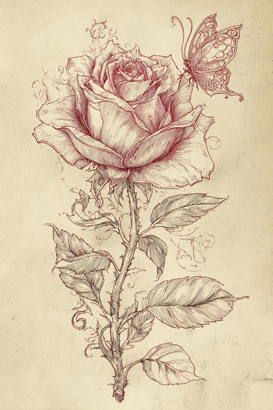 Desenho de Rosa: rosa detalhada com borboleta ao lado
