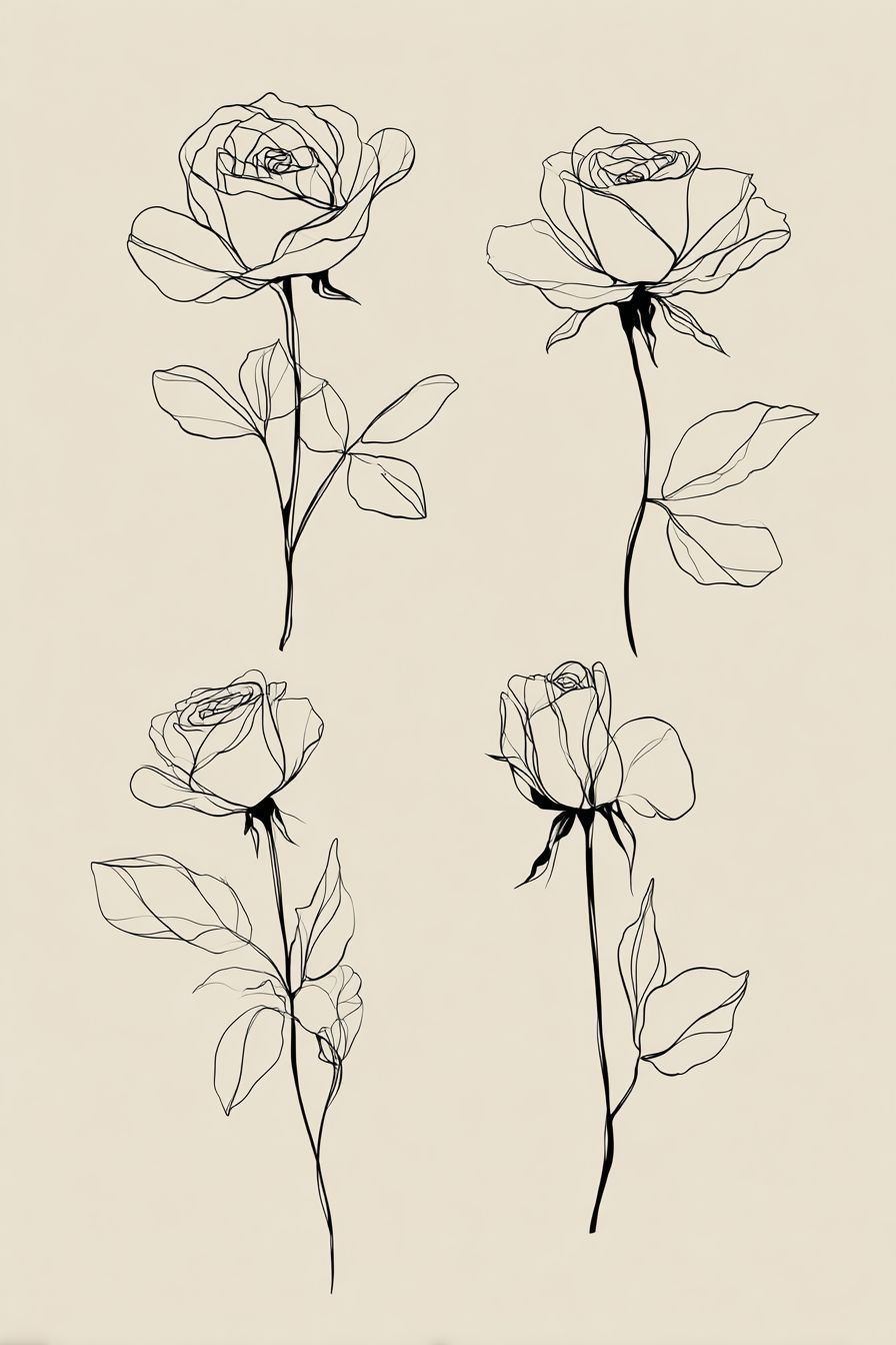 Desenho de Rosa: quatro rosas simples e elegantes a lápis